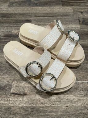 DKNY Girls Lucile Two Strap Sandals Size 11 Kid Beige Logo Print Buckle Slides